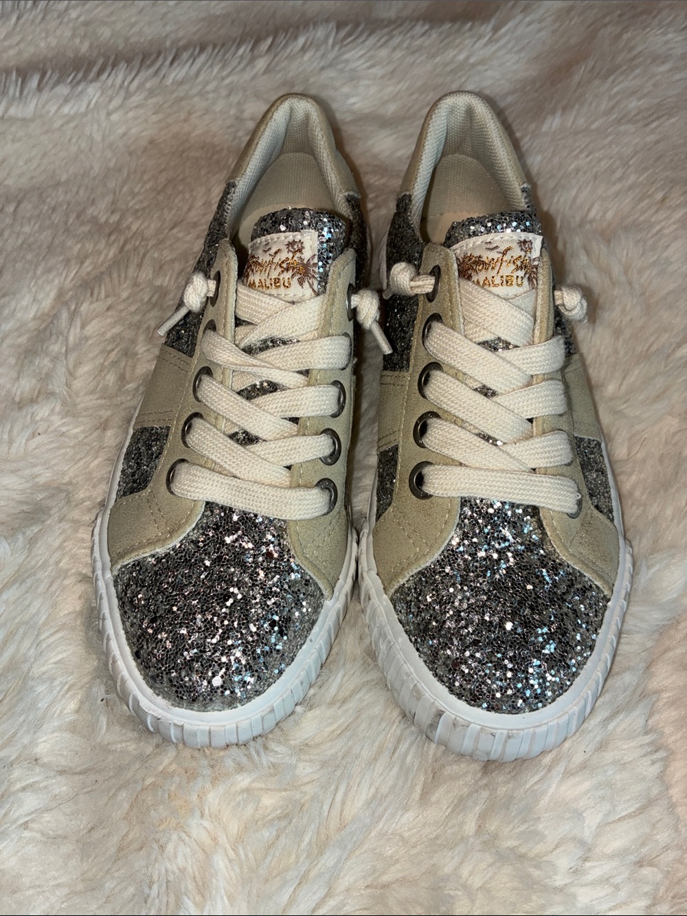 Kids Glitter Lace-Up Sneakers in Silver and Cream